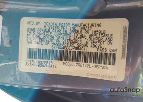 2013 Toyota Corolla Le из США, поврежденный, VIN 5YFBU4EE8DP094911